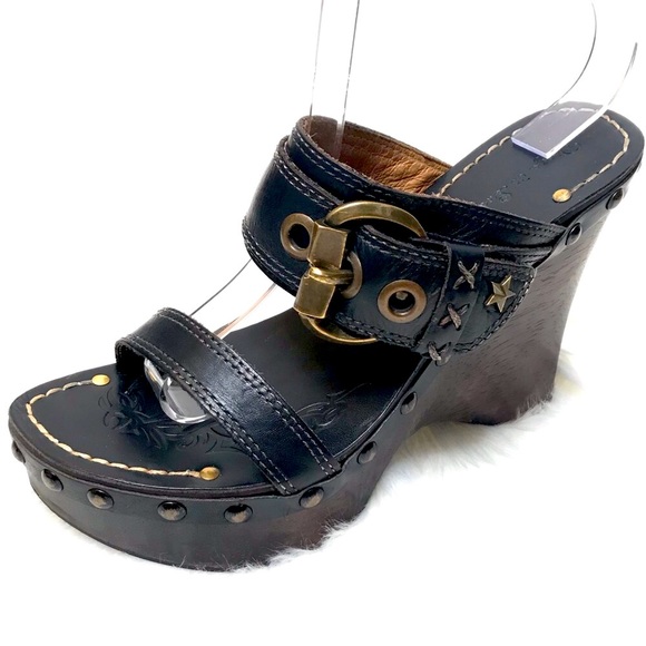 DIEGO DI LUCCA Whimsigoth Y2K leather wood platform sandals 9 - Picture 3 of 12